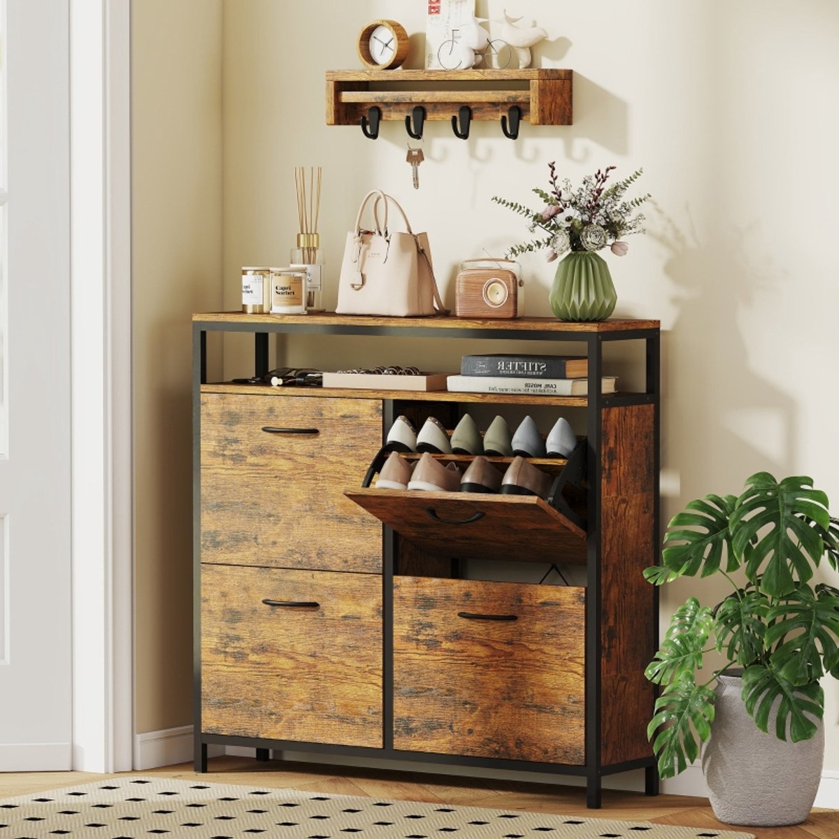 MIVRAY Schoenenkast - Smal Ontwerp Met 4 Kantelbare Lades En Open Plank - Voor Hal En Entree - Hout En Staal - 98x24x95 Cm - Bruin