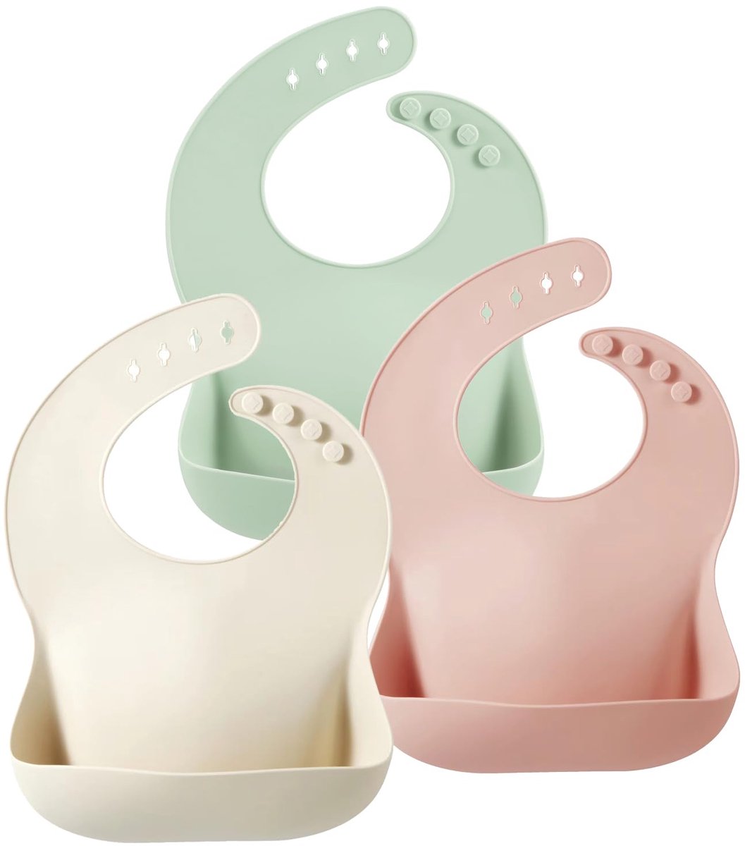 3-delige Waterdichte Siliconen Slabben met Opvangbakje - BPA-vrije Verstelbare & Afwasbare Baby Slabben - Herbruikbare Voedingsslabben voor Baby's en Peuters