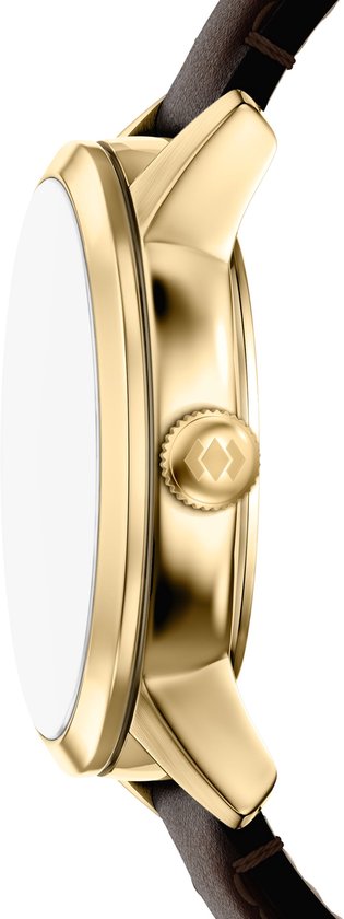 Zijprofiel van een gouden Fossil horloge met bruine lederen band en een kroon met logo.
