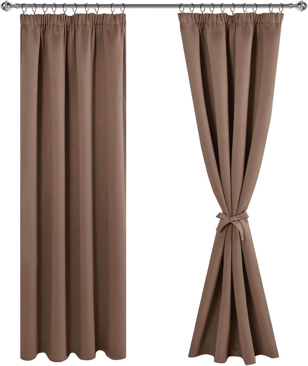 Gordijnen met plooiband, verduisteringsgordijnen, ondoorzichtig, woonkamer, slaapkamer, thermogordijn, h 228 x b 228 cm, kaki, set van 2
