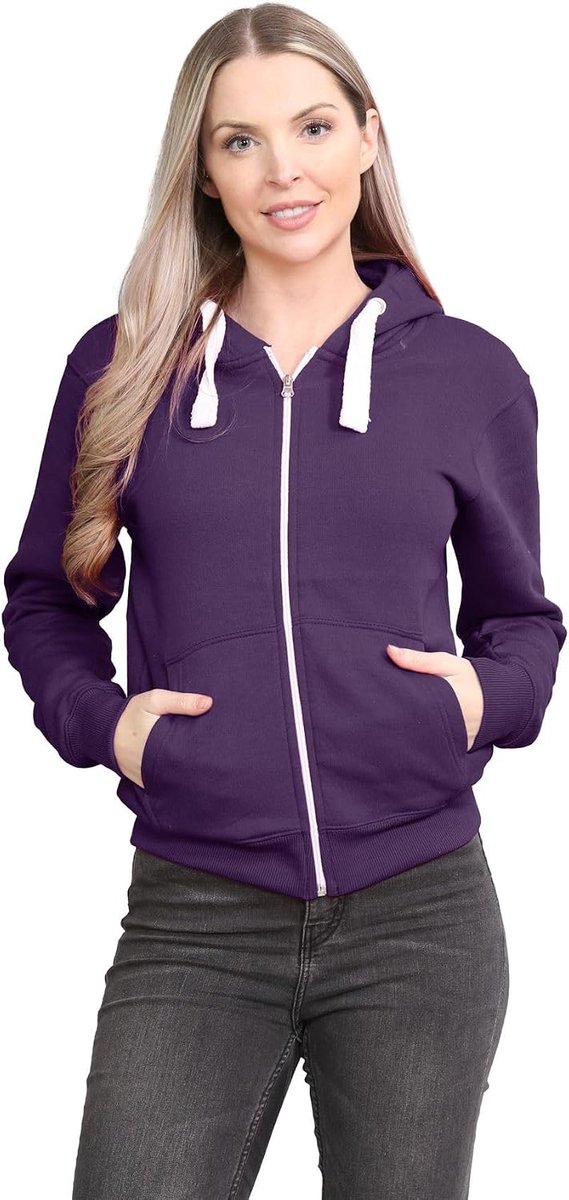 Dames effen capuchon rits fleece sweatshirt hoodie trui jas top, Paars, 38 NL