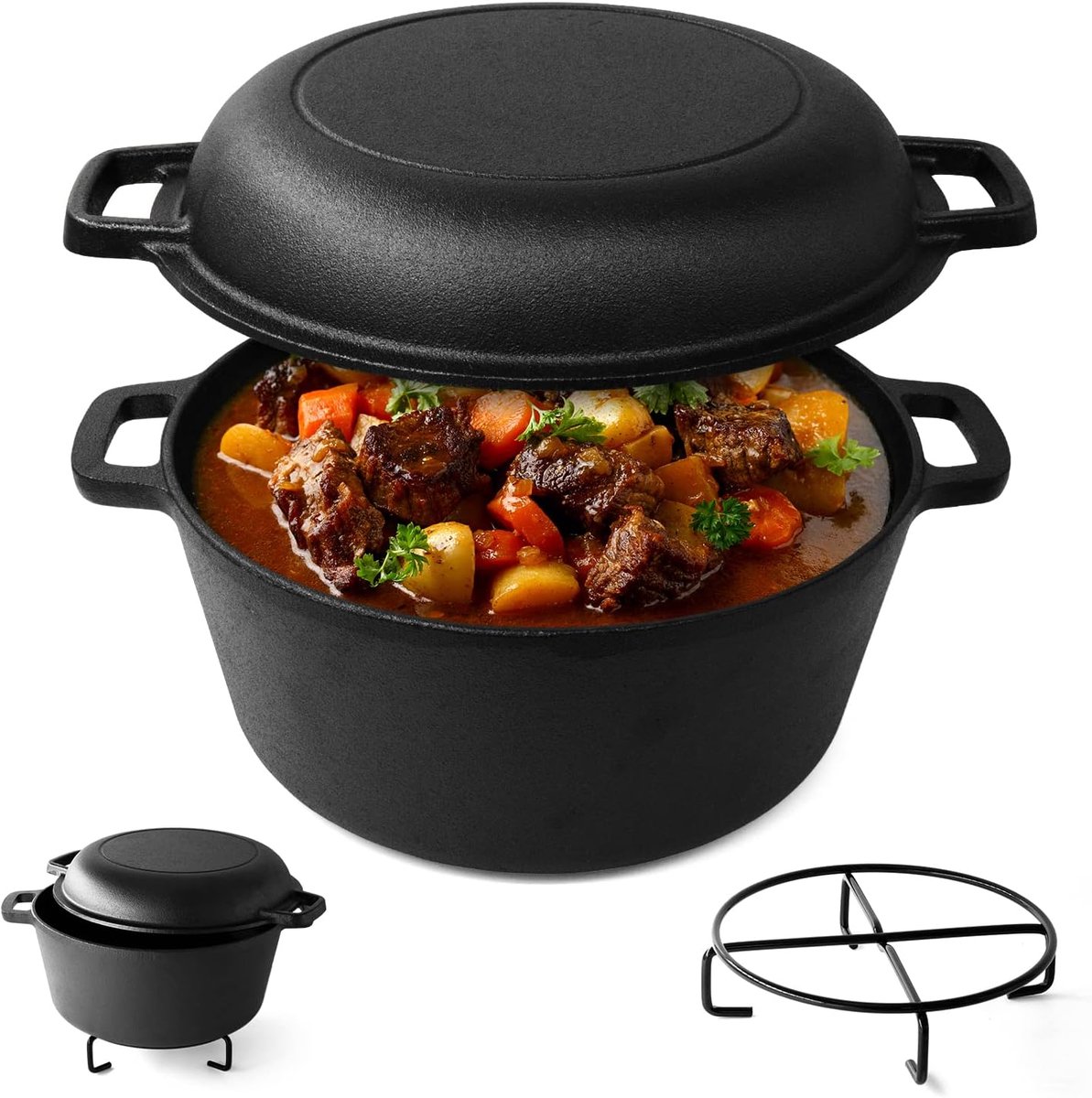Gietijzeren pot met 1.75L multifunctioneel deksel Geschikt voor ovens en kookplaten - 2 in 1 Dutch Oven Pot voor het maken van brood of Sudderende stoofpot & meer