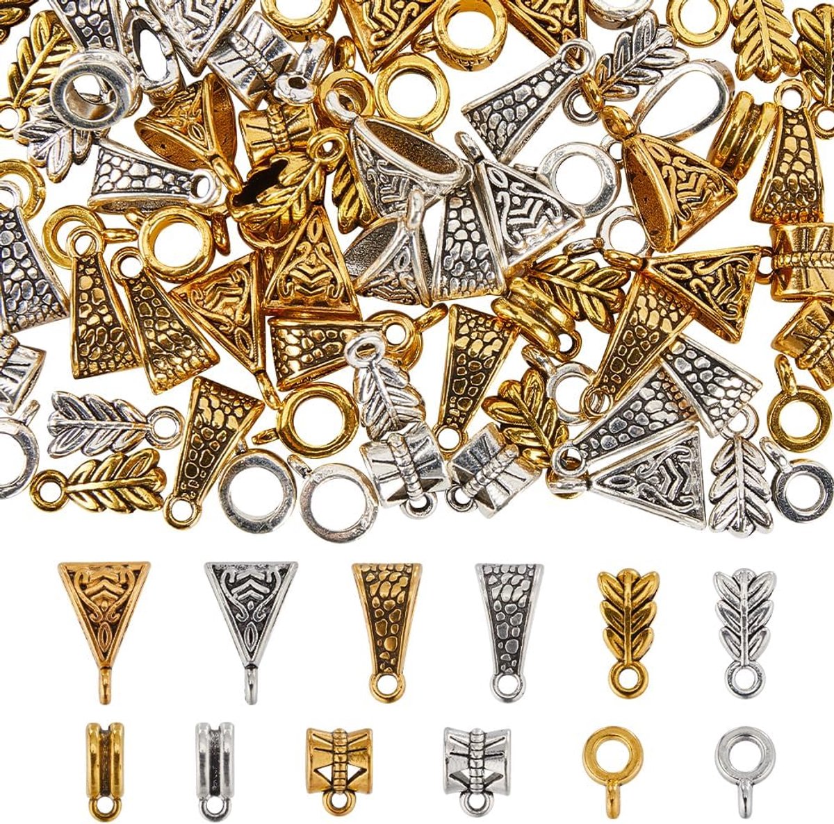1 Doos 120 Stks 12 Stijlen Bail Bead Charms Sluiting Bail Kralen Legering Tibetaanse Zilveren Buis Loop Kolom Blad Driehoek Platte Ronde Gouden Hanger Links Spacer Kraal voor Europese