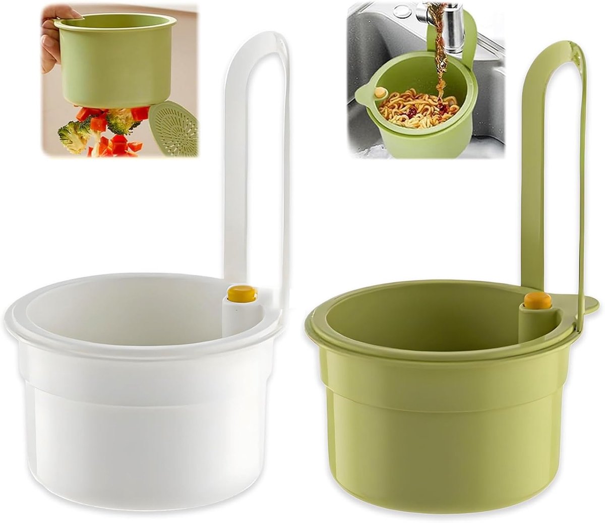 Zeef Drukknop Kraanophanging Afneembare Dubbele Keuken Zeef Voedselafval Zonder Handvervuiling Zelfreinigende Gootsteen Badkamer Kantoor Set Van 2 Wit + Groen