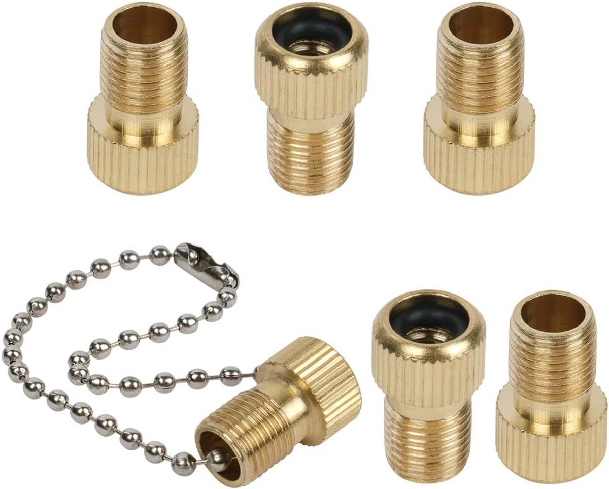 Messing-adapter, 6 stuks fietsventieladapter van messing, fietsautoventiel ventieladapter, ventieladapter fiets autoventiel met afdichtring