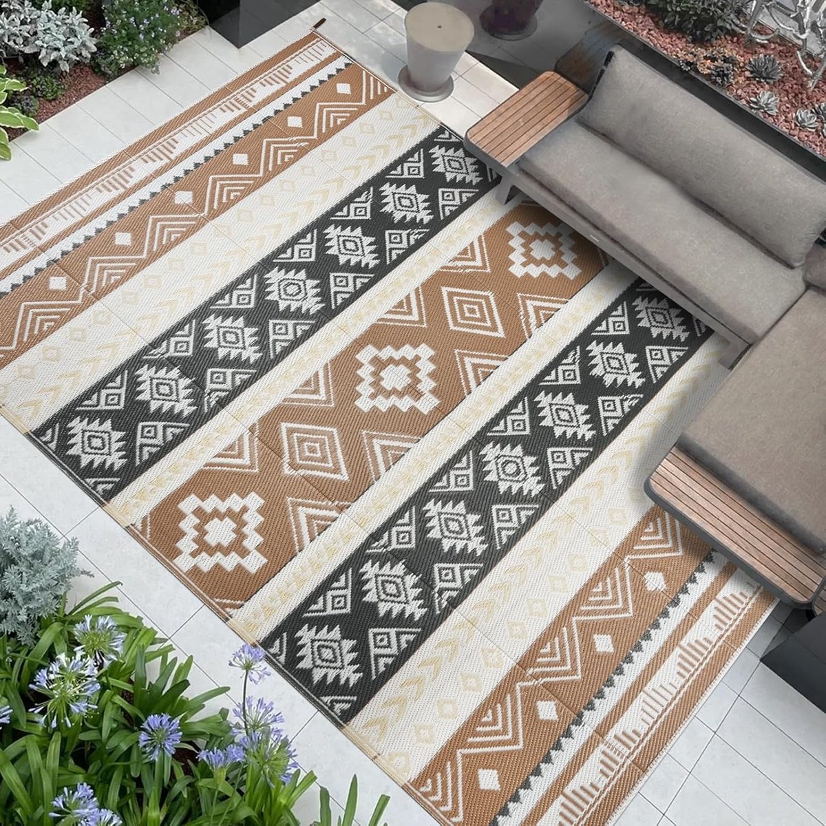 Outdoor tapijt, weerbestendig, outdoortapijt, 180 x 270 cm, uv-bestendig, kunststof, lichtgewicht, opvouwbaar, balkon, bruin, voor terras, tuin, camping, picknick, dek