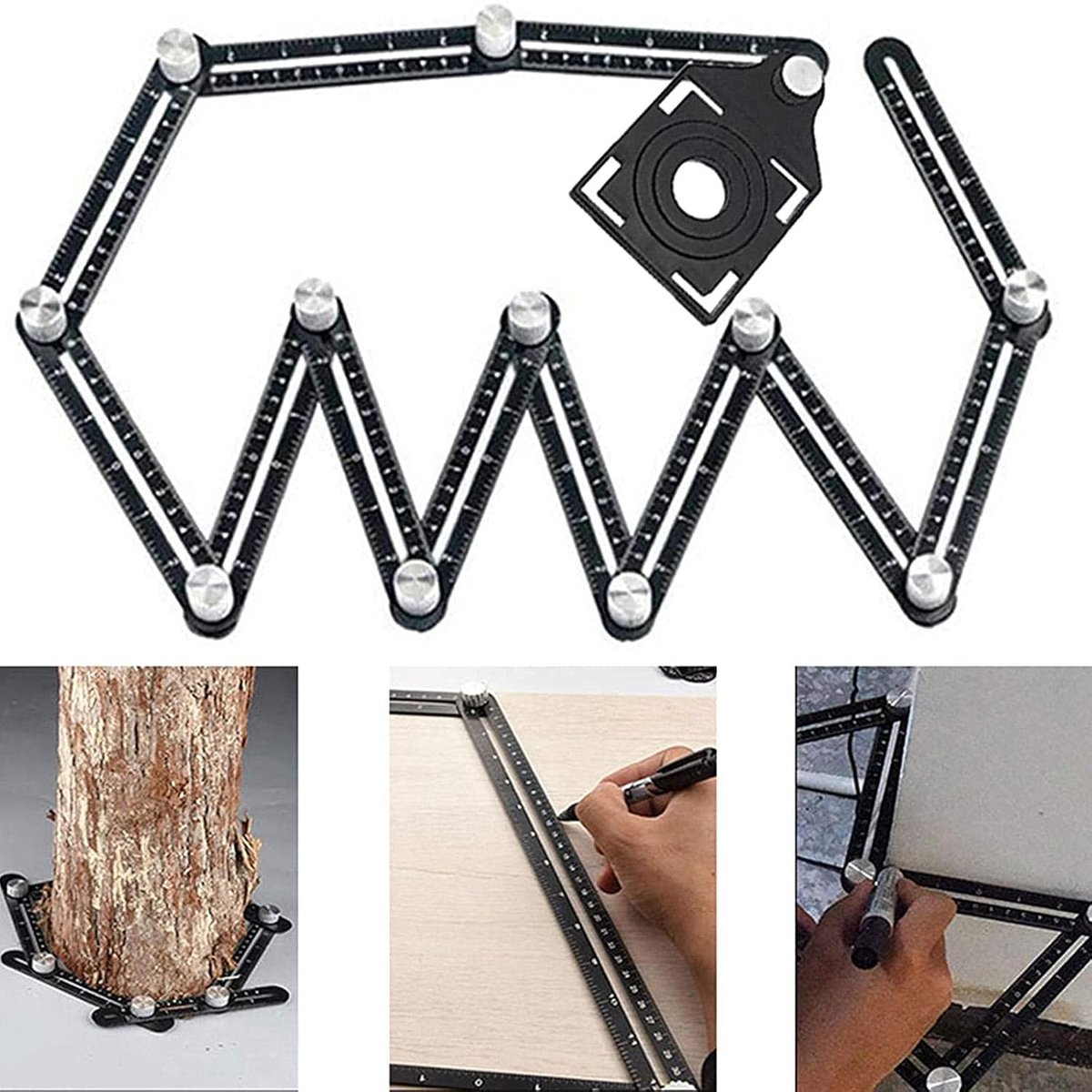 Tegelvormer met meerdere hoeken, multitool, zwart, hoeksjabloon, gereedschap, aluminiumlegering, hoeksjabloon, 12 zijstijlen, geschikt voor timmerwerk, doe-het-zelf, keramische tegels, architecten en sjabloon
