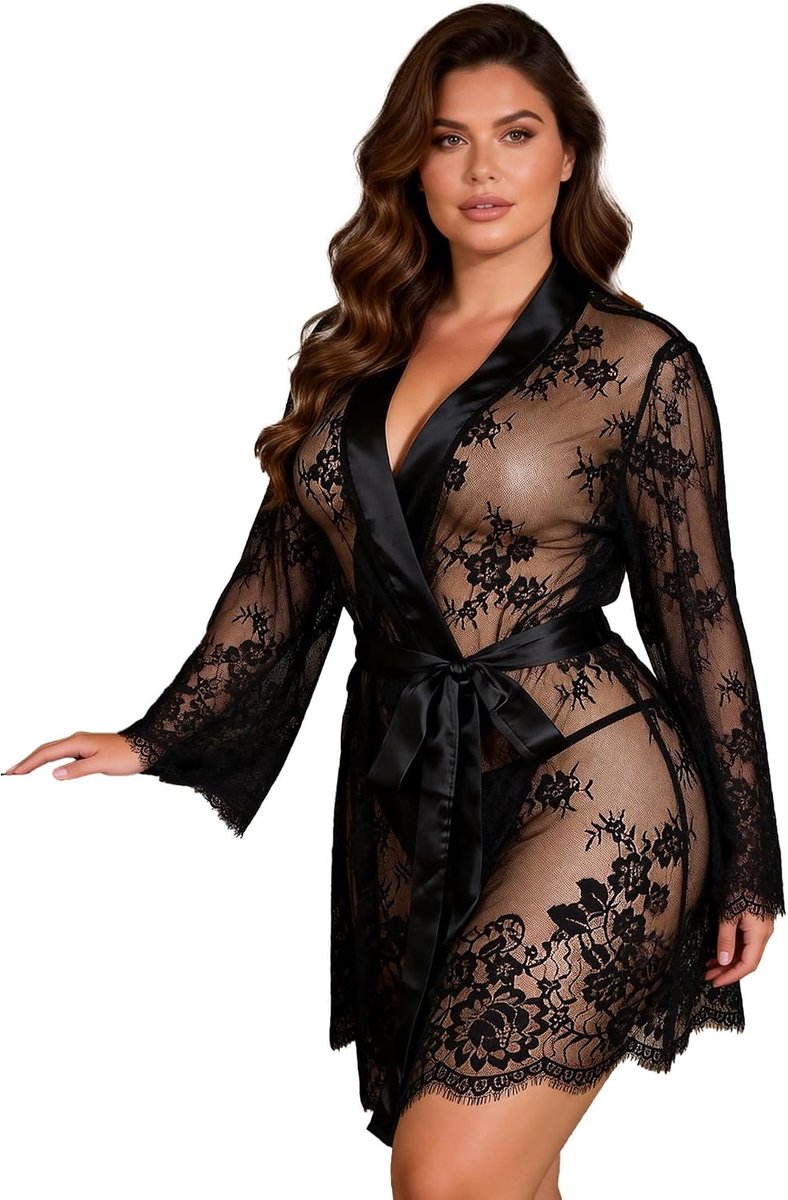 Comeondear Sexy babydolls voor dames, kimono, kant met riem, nachthemd, transparant, babydoll, sexy lingerie, zwart, pyjama, badjassen, kamerjurk, grote maat met G-string