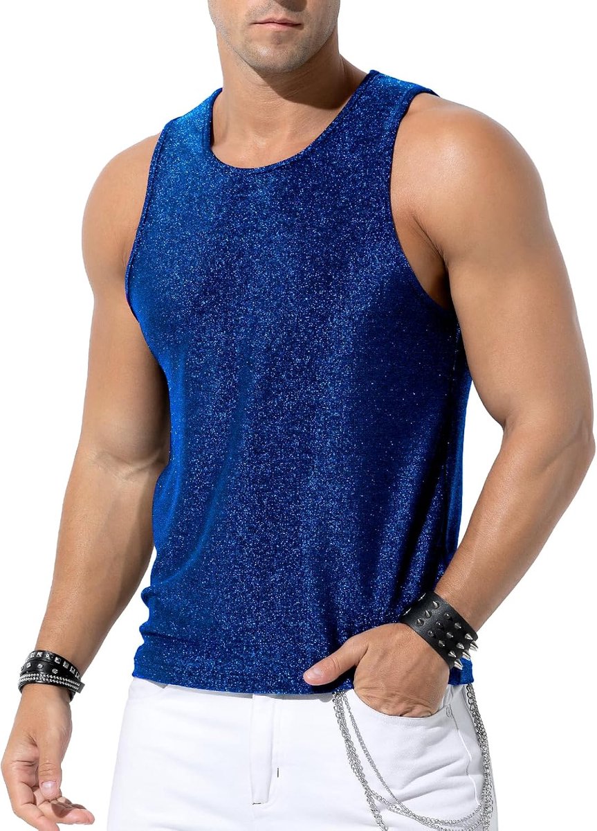 Kevin Glitter-tanktop voor heren, pailletten, hemd, metallic glanzend, mouwloos bovendeel, zomer, tanktop