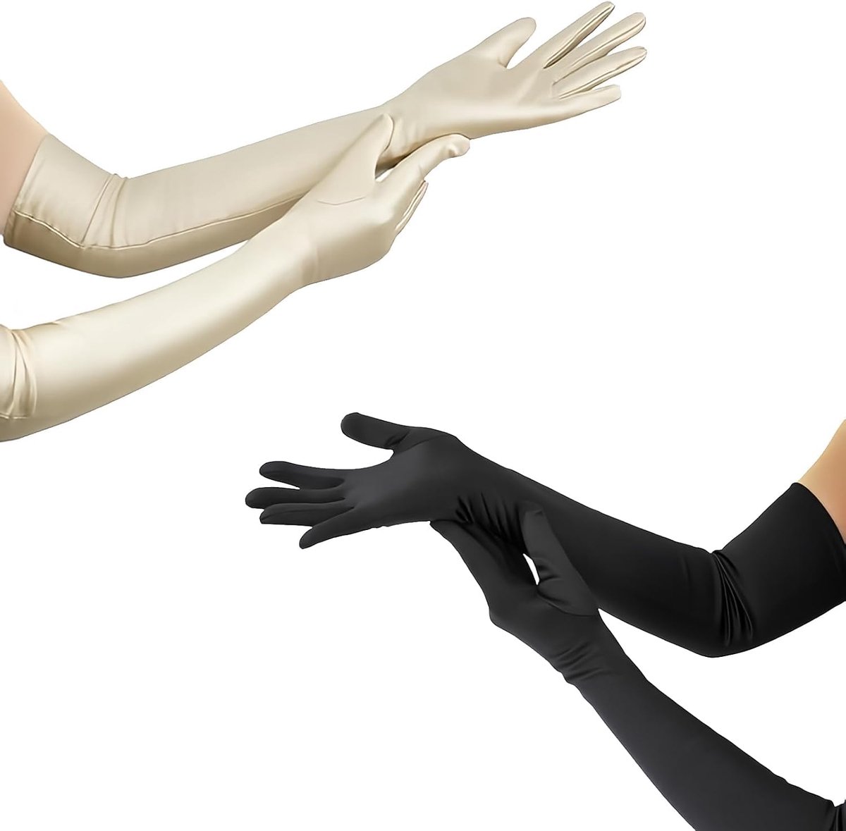 Handschoenen, 2 stuks, lange handschoenen, dames, satijnen handschoenen, jaren 20, bruidskostuum, klassieke opera, party, Halloween, carnaval, bruiloft