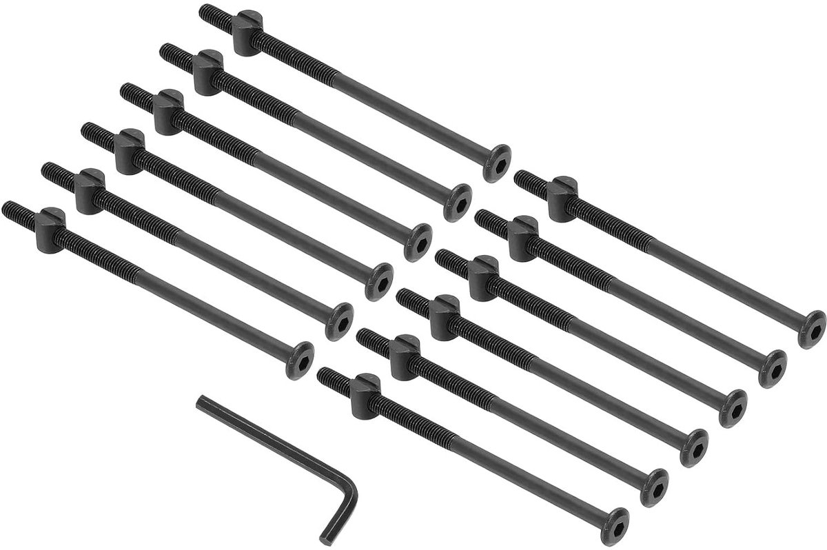 Stockbedschroeven M6 x 120 mm, 12 stuks set zeskantschroeven met moer en sleutel voor bedmeubels, zwart