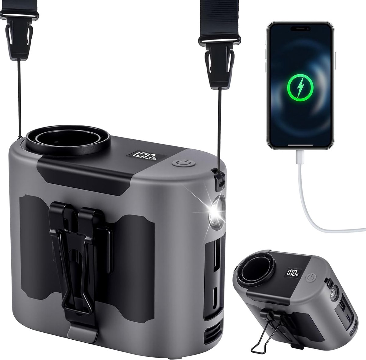 Draagbare ventilator 14800mAh, 40 uur batterijduur, oplaadbare taille ventilator, 16000RPM, 5 snelheden, hands-free opknoping nek ventilator met LED-lampje, geschikt voor buitenactiviteiten
