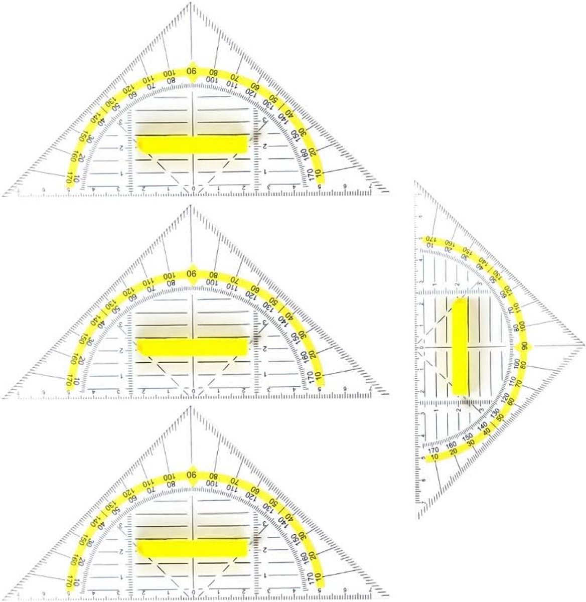 4 stuks transparante gradenboog van kunststof, onbreekbaar, flexibel, gele schaal, 180 graden gradenboog en 45 graden gradenboog voor school, universiteit of kantoor (14 cm) (transparant)