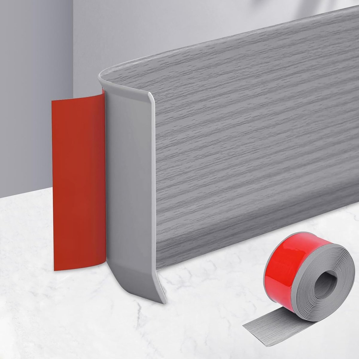 Zachte plint, zelfklevend, PVC plint zelfklevend, 15 cm x 5 m plinten, wandafsluitstrip keuken, overgangsrail voor woonkamer, slaapkamer (grijze houtnerf)