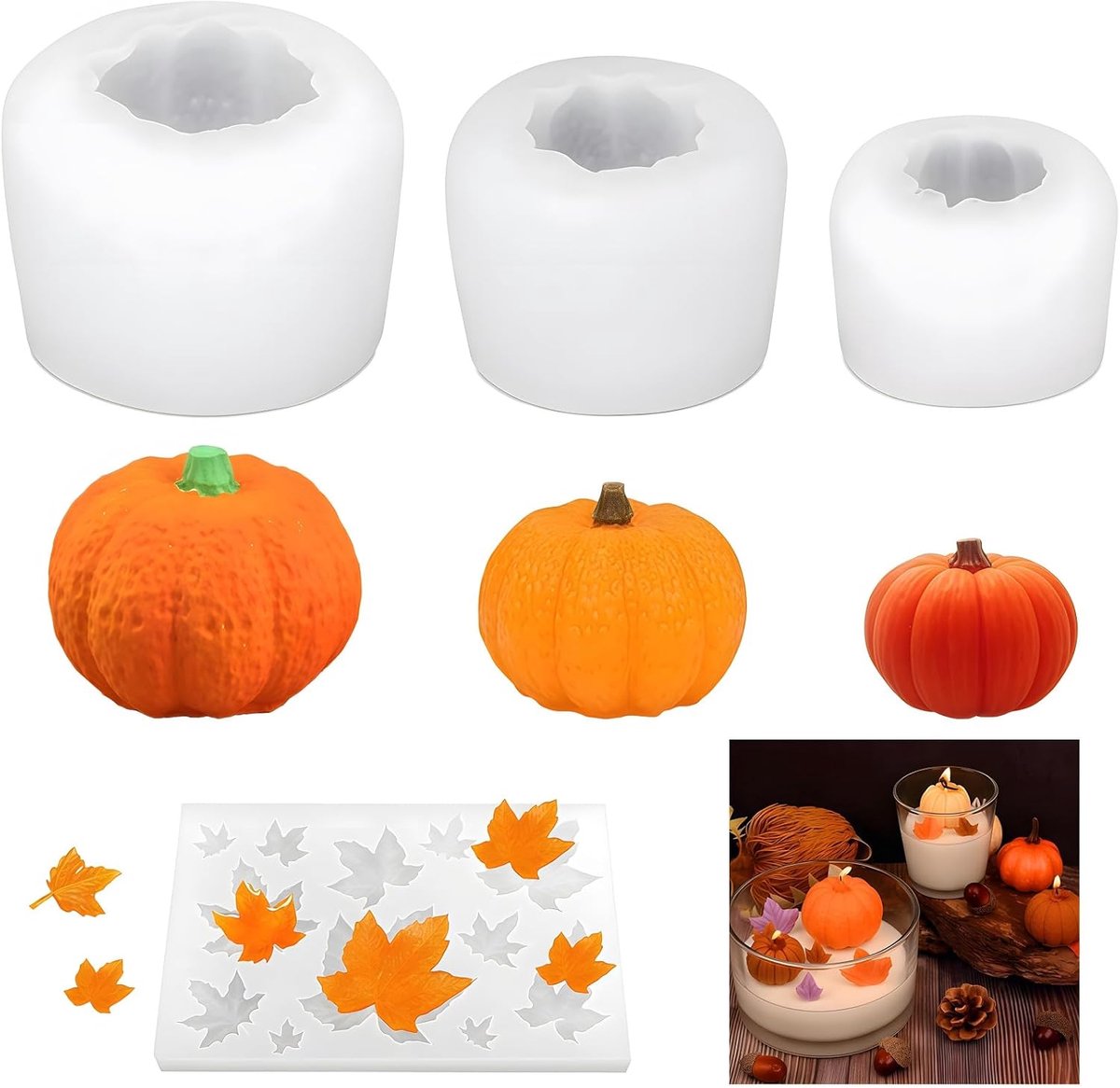 Vorm herfst, 4 stuks pompoenhars vormen esdoornblad siliconen vorm Thanksgiving Halloween hars vormen 3D pompoen epoxyvorm om zelf te gieten voor doe-het-zelf knutselen, herfstoogst