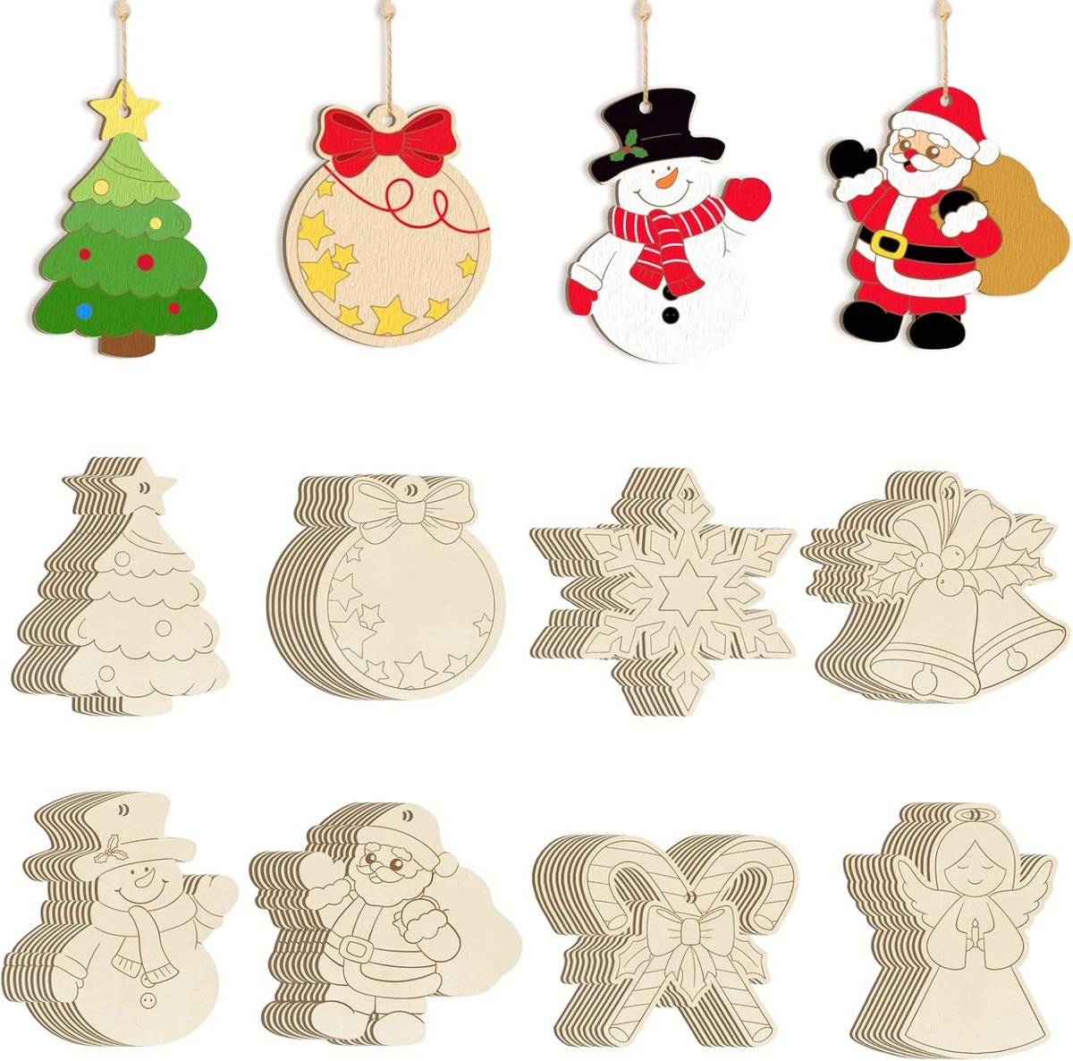 Hout, knutselen voor kinderen, 80 stuks, houten hangers om te beschilderen, ornamenten voor kerstboom, doe-het-zelf kerstdecoratie boomversiering (8 patronen)