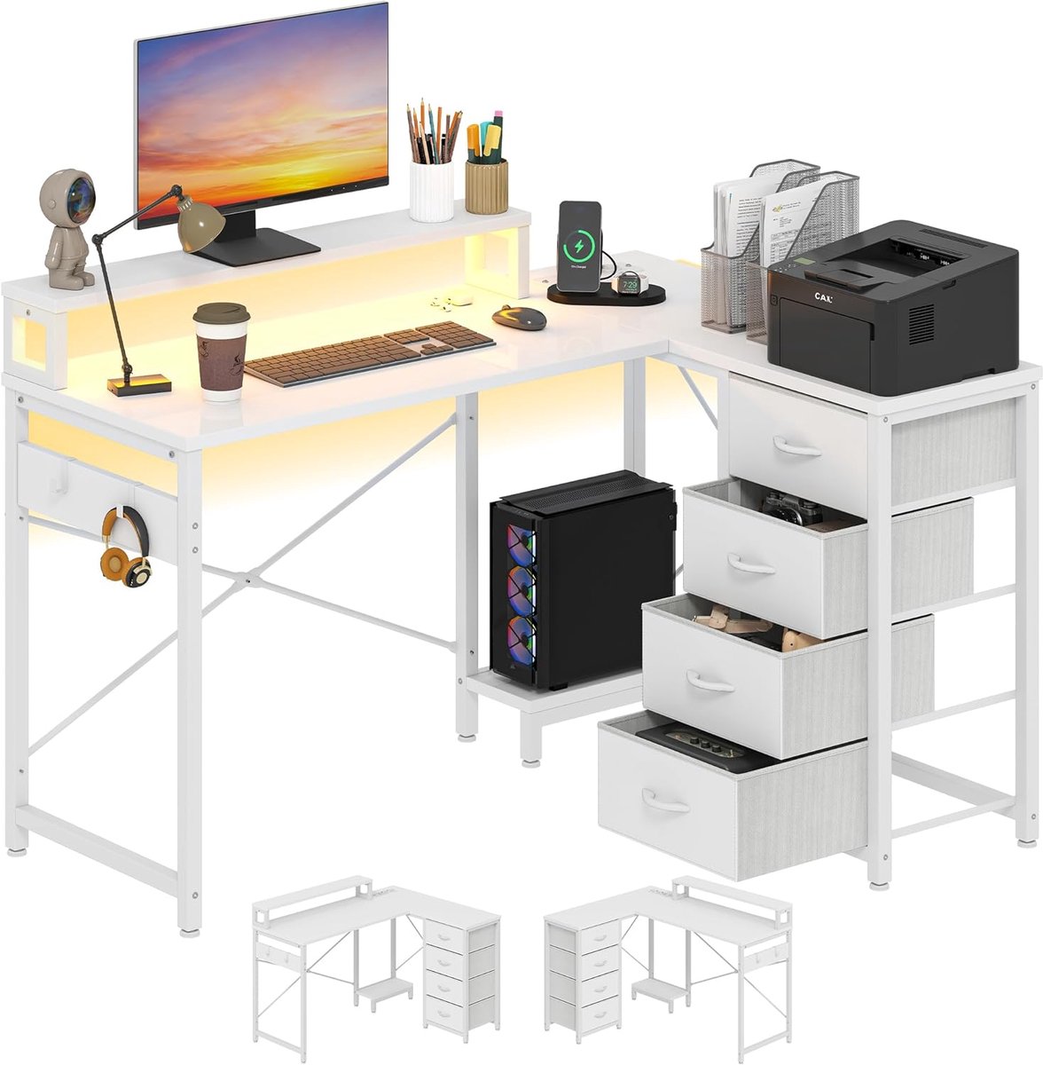 Multifunctioneel hoekbureau met doe-het-zelf opbergrek met 4 niveaus, 2 USB-poorten en elektrische stopcontacten voor thuis, studeerkamer, woonkamer, 130 x 100 x 75 cm, wit