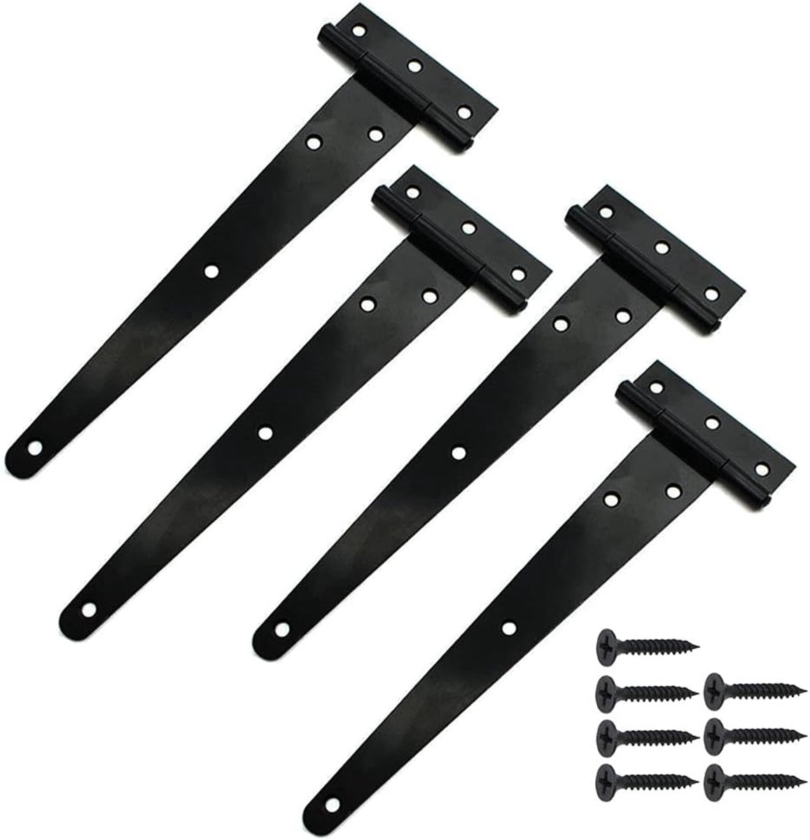 Scharnieren, ijzeren schuurpoorten, scharnieren, metaal, met 28 stuks zwarte schroeven, T-scharnier voor houten omheiningen, schuren, kisten, kasten, ramen
