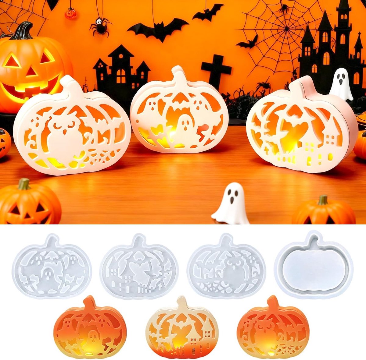 Gietvormen Halloween pompoen, 4 stuks siliconen vormen pompoen, gietvormen siliconen Halloween, gietvorm pompoen, siliconen vorm herfst, gipsvormen om te gieten voor doe-het-zelf pompoen
