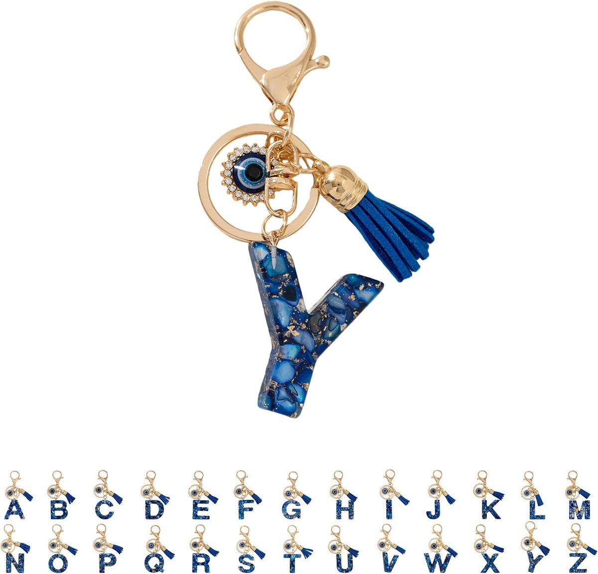 Sleutelhanger met letter voor meisjes, sleutelring met initialen, blauw boze oog, kleine cadeautjes voor vrouwen