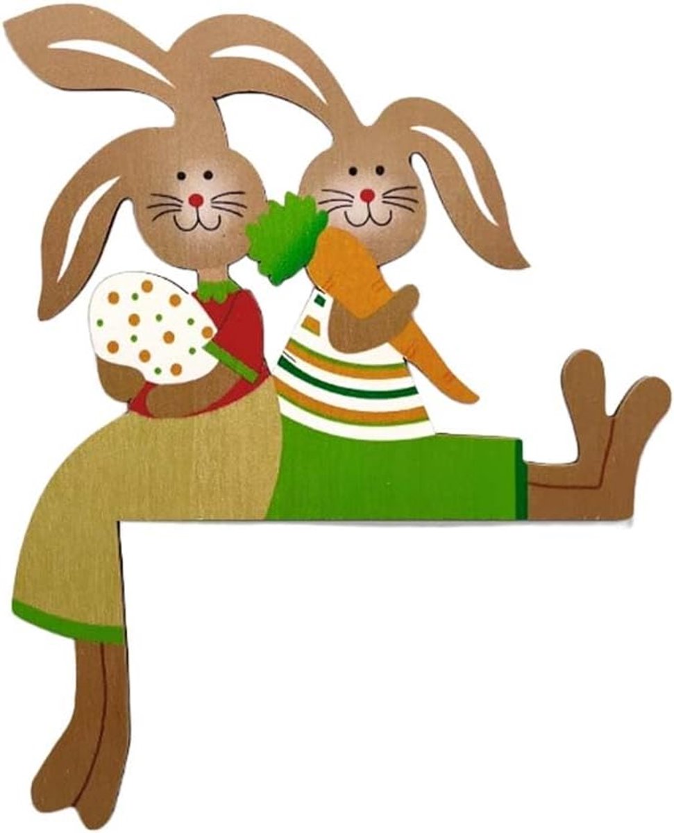 1 stuk deurkozijndecoratie voor Pasen links, paasdecoratie voor de deur links, grappige paasdecoratie van hout met hazen en paaseieren, dubbelzijdig bedrukt voor deur raam open haard, decoratie