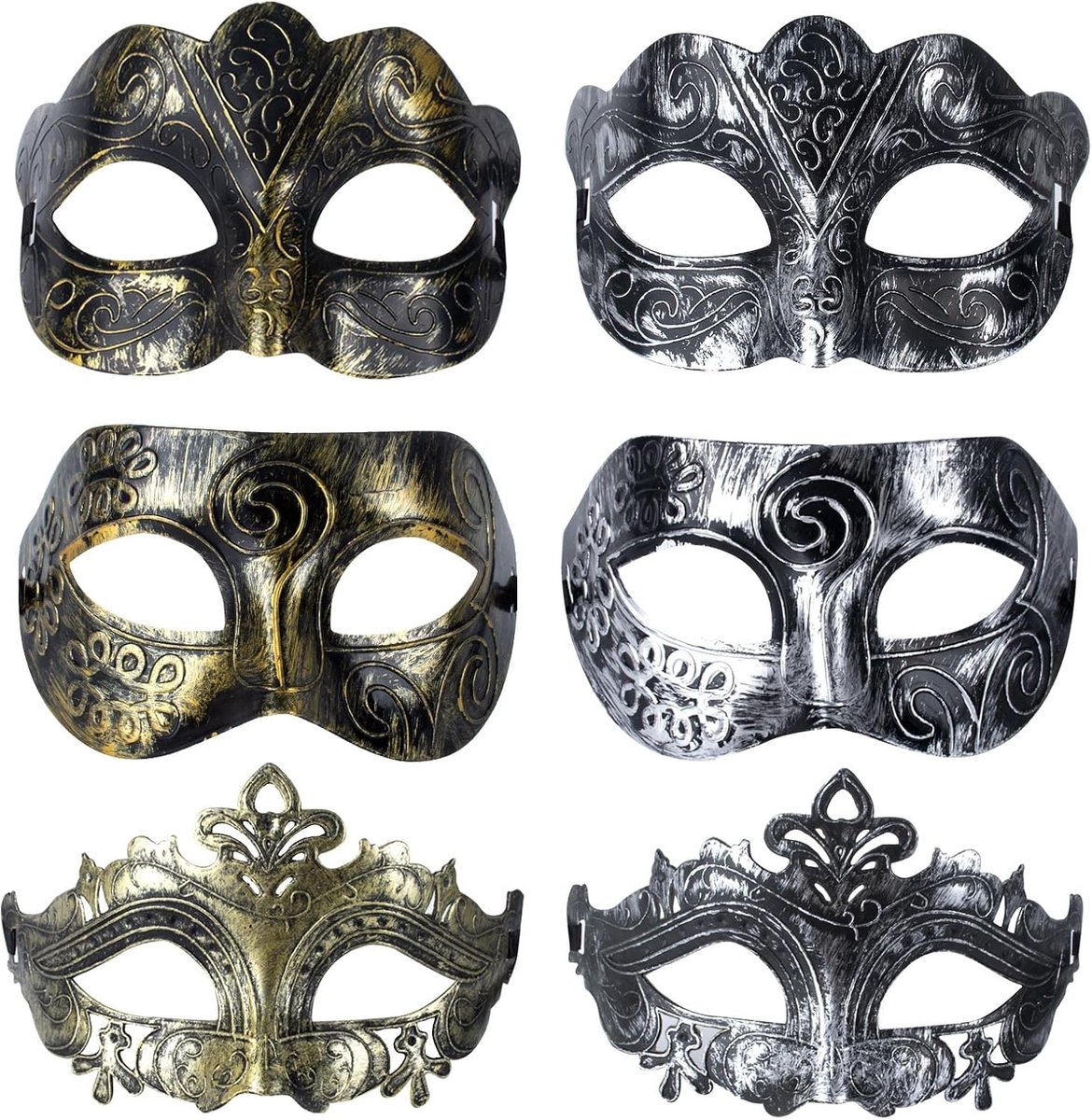 Heren maskerade balmaskers gezichtsmasker voor feest, verkleedbal, gemaskerde bal, Halloween 6 stuks (zilver, goud)