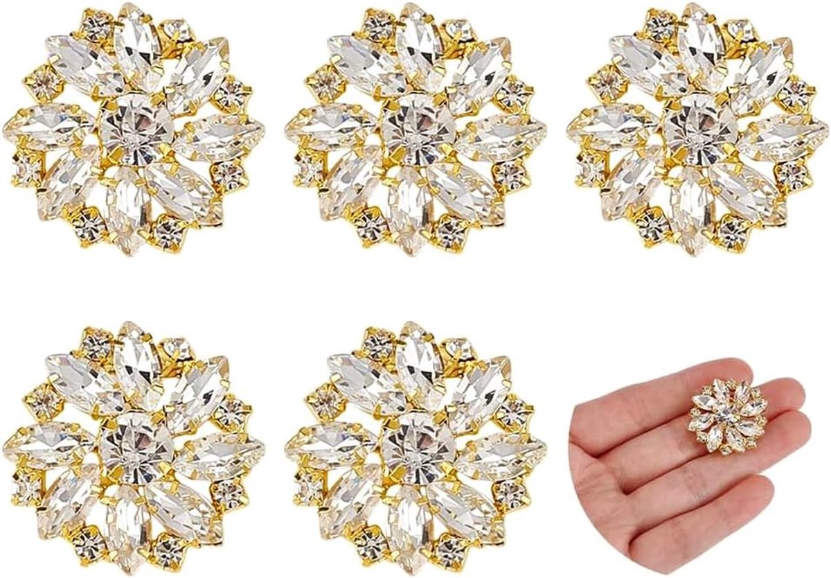 6 Stuks Bloem Legering Strass Schacht Knop 27,5 mm Licht Goud Kristal met 1-Gat voor Naaien op Platte Achterkant - Bruiloft Partij Kleding