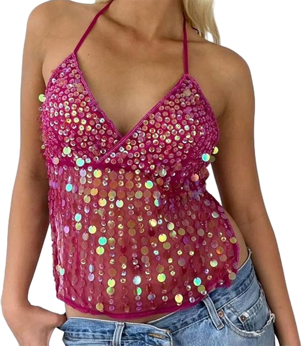 Pailletten tanktop sexy glanzende pailletten top halter V-hals mouwloos voor avond disco party Y2K clubwear