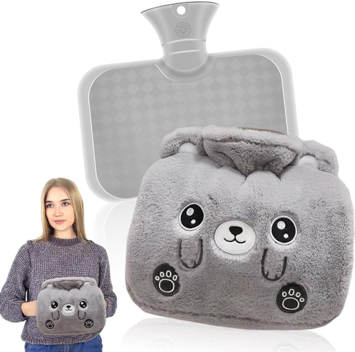 Warmwaterkruik met hoes, 1,25 l, grote warmwaterkruik met zachte pluche, koudebescherming, warmwaterkruik dier, lekvrij, bedfles voor pijnverlichting, voor kinderen, vrouwen, volwassenen
