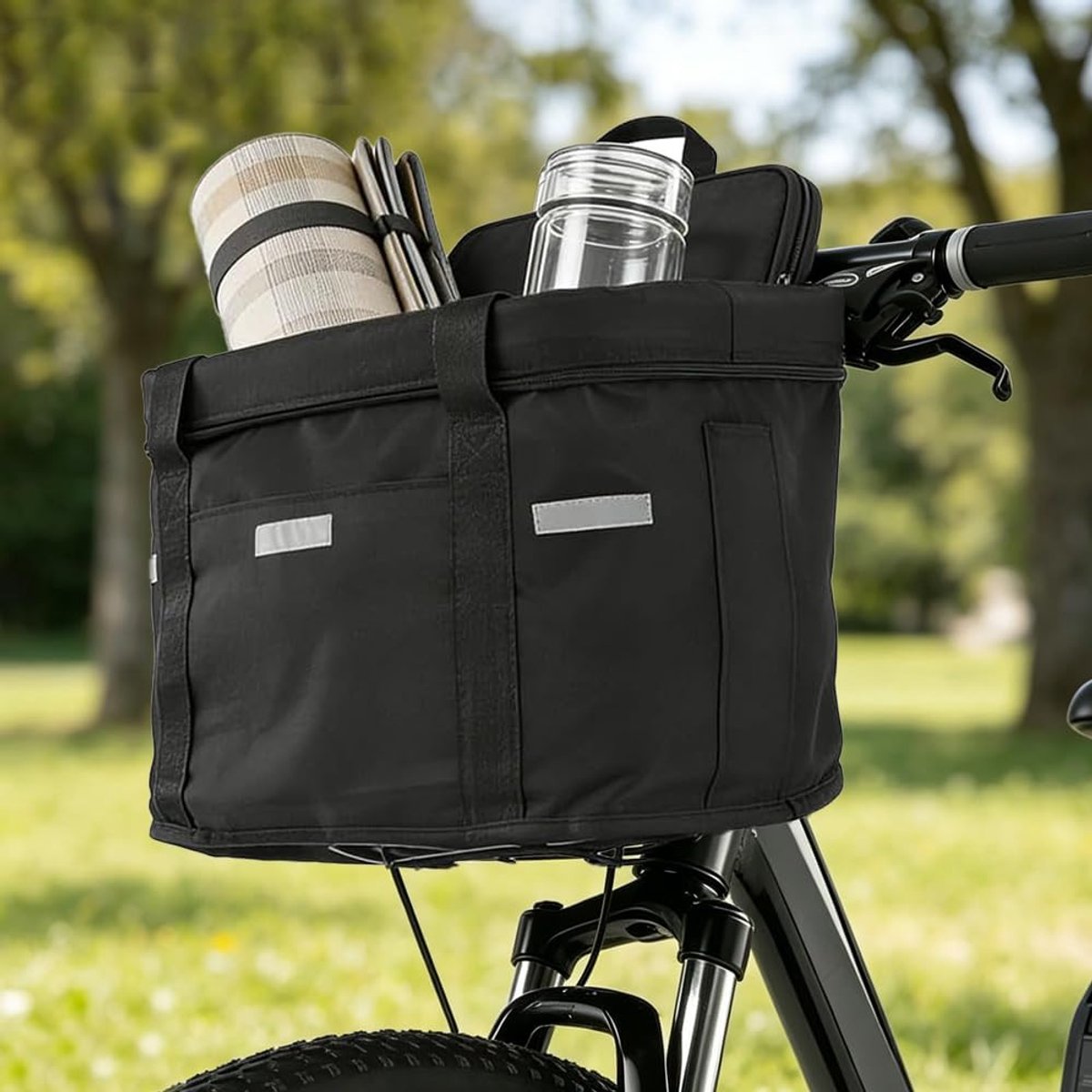 Fietsmand Voor - Boodschappenmand Afneembaar - Fietsen Boodschappen - Waterdicht Trekkoord - Geschikt voor 22-31.8mm stuur - Zwart