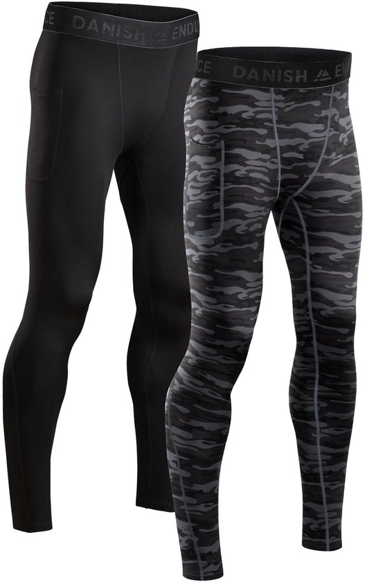 Deux collants de sport pour hommes : un noir uni et un avec un imprimé camouflage gris et noir.