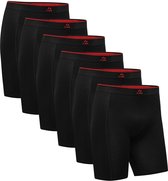 Six boxers en viscose de bambou noir avec une ceinture rouge ornée de logos rouges.