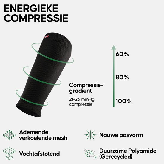 Zwarte compressie kuit sleeve met een gradiënt van 100% tot 60% compressie.