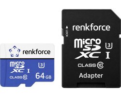 Renkforce RFmSD64 microSDXC-kaart 64 GB A1 Application Performance Class, v30 Video Speed Class Incl. SD-adapter, A1-ve