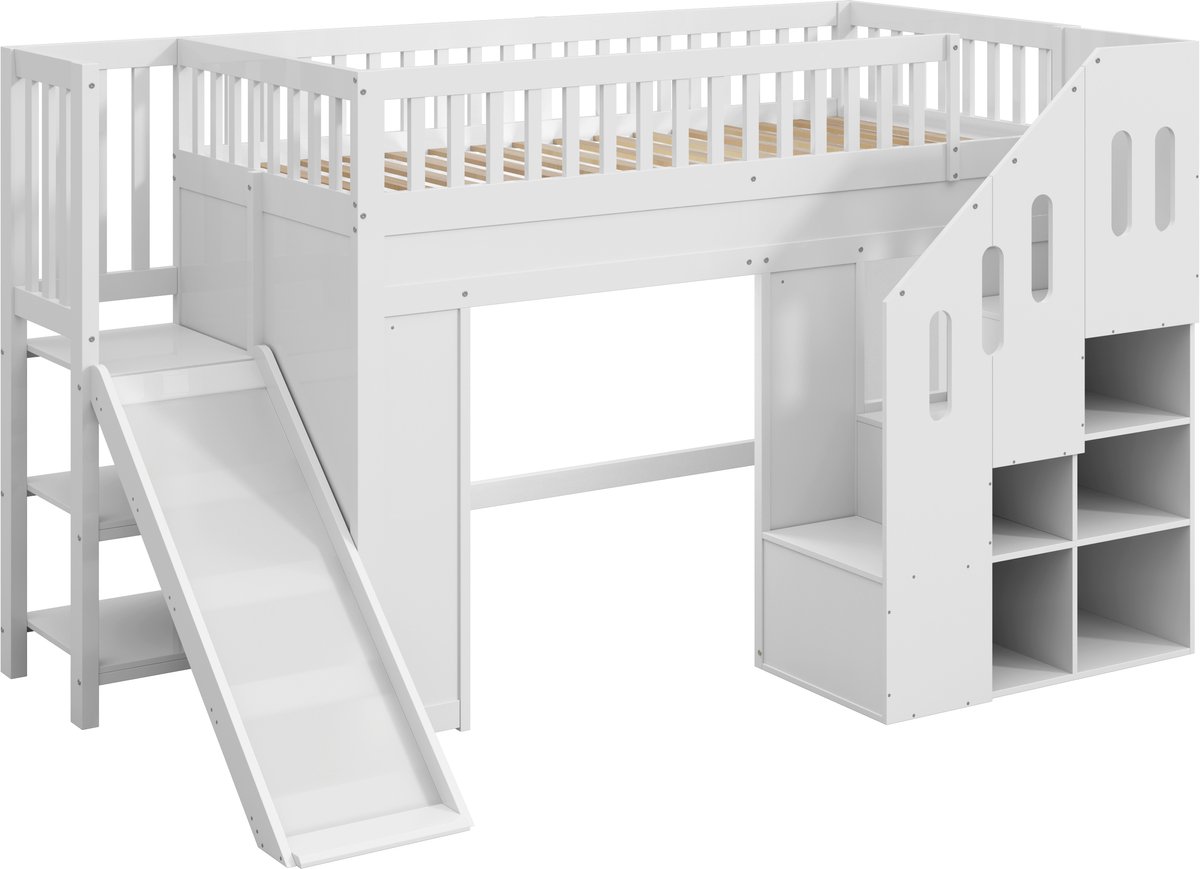 MUVANO Hoogslaper - Kinderbed - Stapelbed - Met Glijbaan - Opbergtrap - Uitvalbeveiliging - LED Verlichting - Kinderkamer - 90x200 cm - Wit