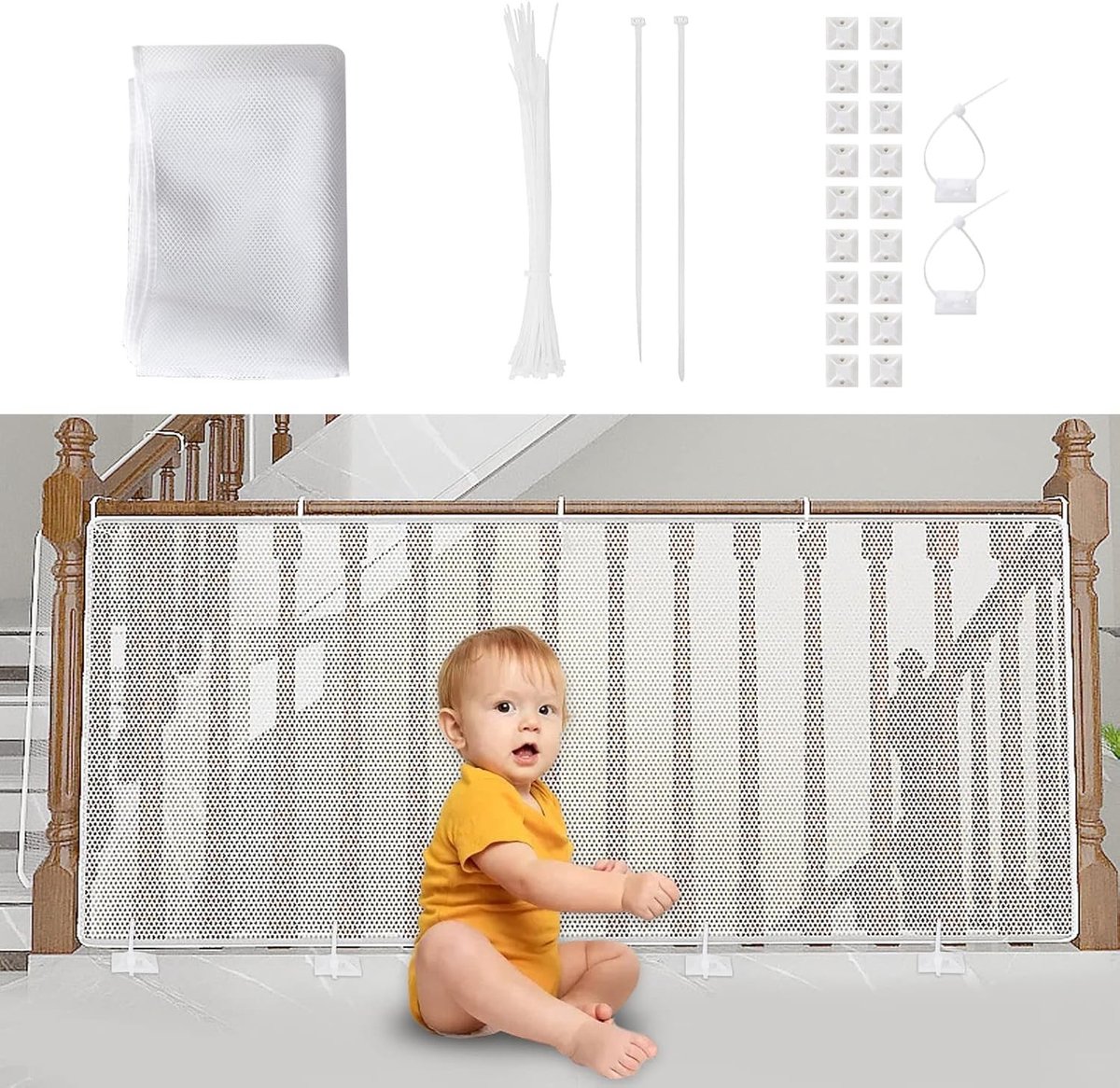 Veiligheidsnet voor Kinderen, Bescherming voor Balkon en Trappen, 300 x 90 cm, Robuust en Verstelbaar, Veiligheidshek voor Huisdieren en Speelgoed, Wit