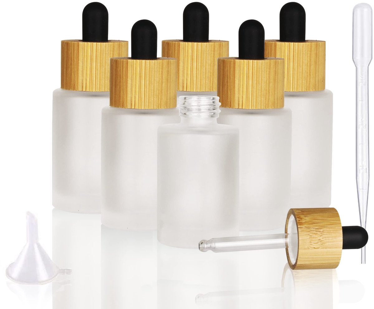 SolidKeus - Set van 6 Lege Frosted Glazen Flessen met Bamboo Druppelaar 30ml