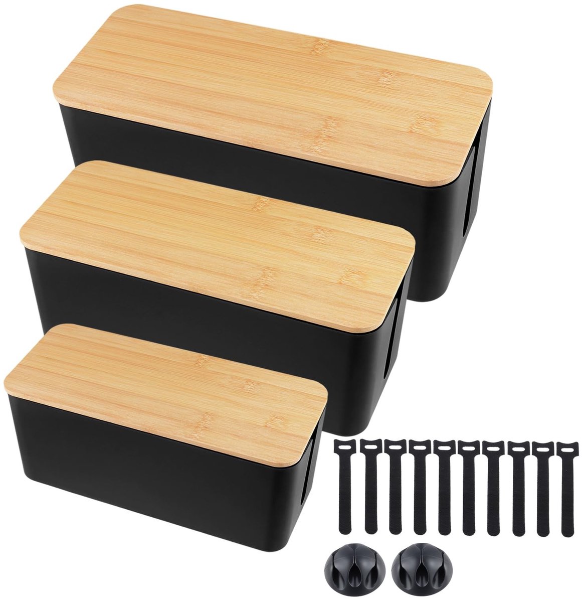 SolidKeus - Set van 3 Kabelbeheersdozen met Bamboe Deksel