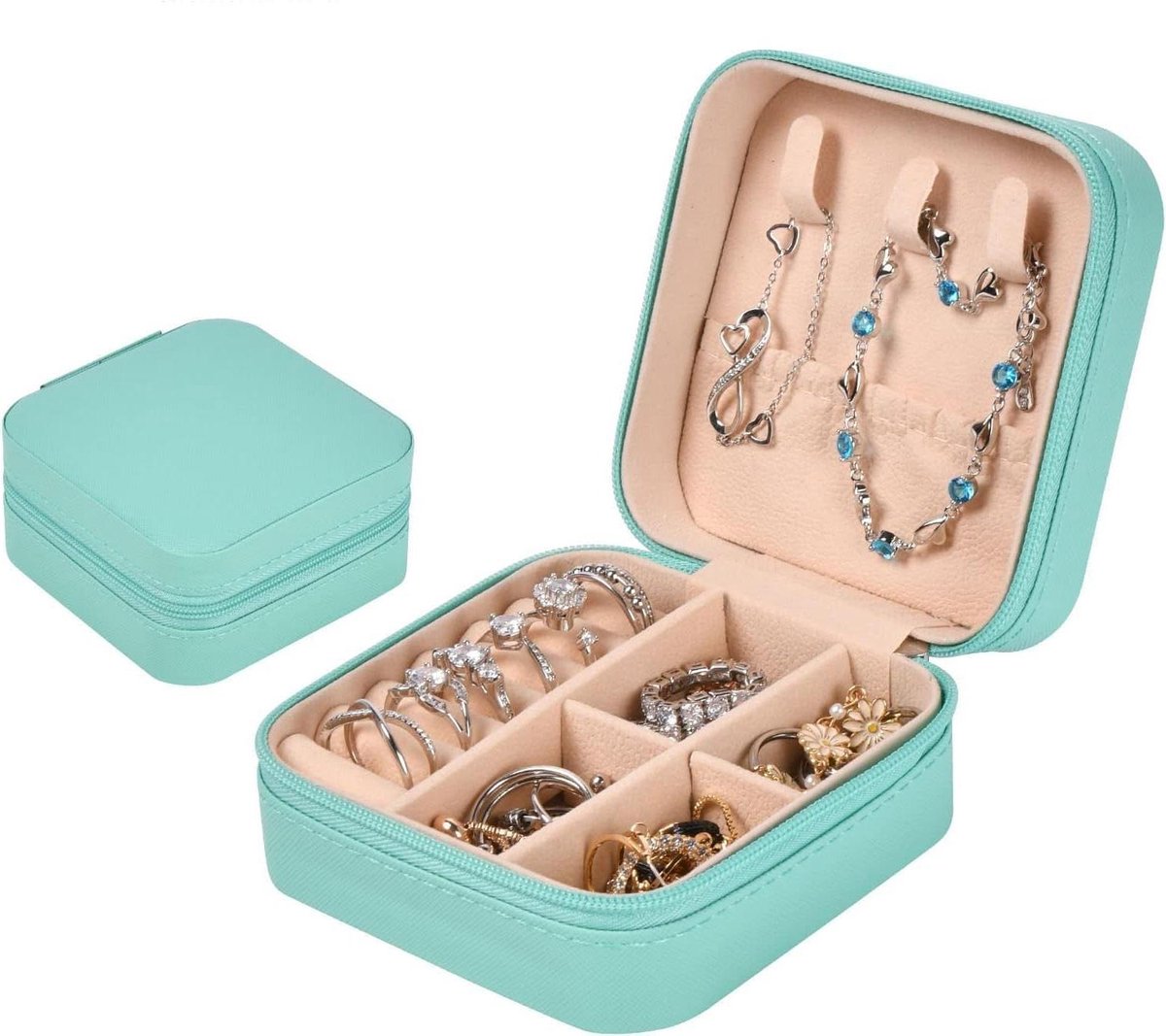 Sieradendoos - Juwelendoosje Organizer - Sieraden Opbergen - Compact Reisformaat - 10x10x5 cm - Blauw