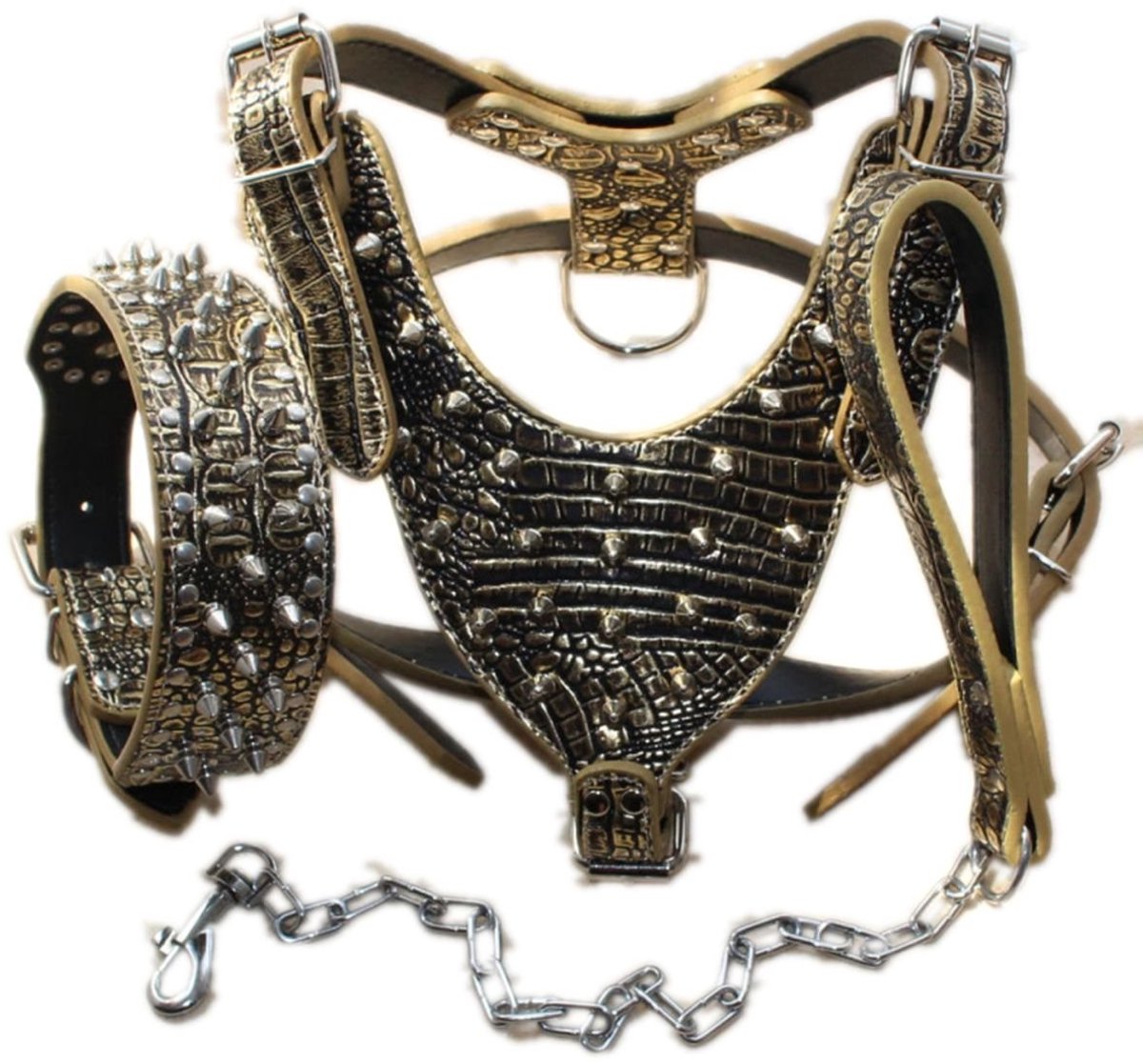 SolidKeus - Hondenhalsband en Tuig Set met Spikes voor Grote Rassen (M, Goudbruin)