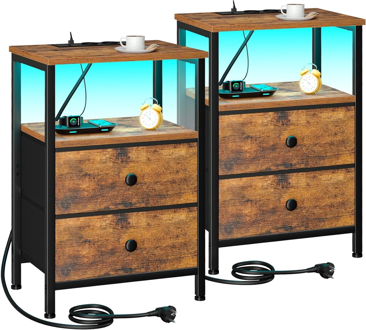 SolidKeus - Set van 2 Nachttafels met LED Verlichting en Oplaadstation