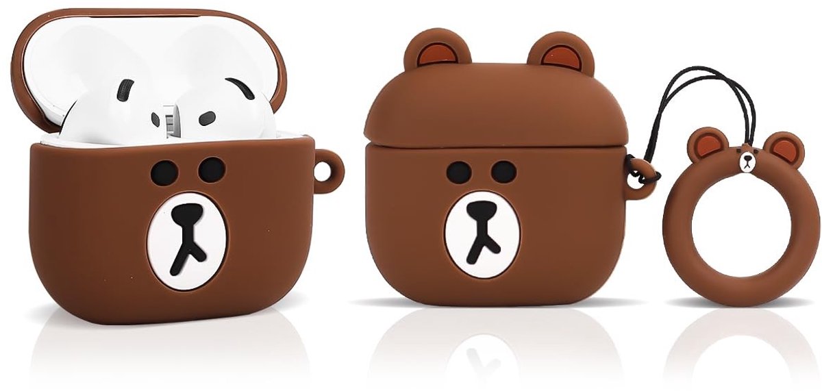 SolidKeus - Beschermende Silicone Hoes voor AirPods 4 met Sleutelhanger (Kleine Bruine Beer)