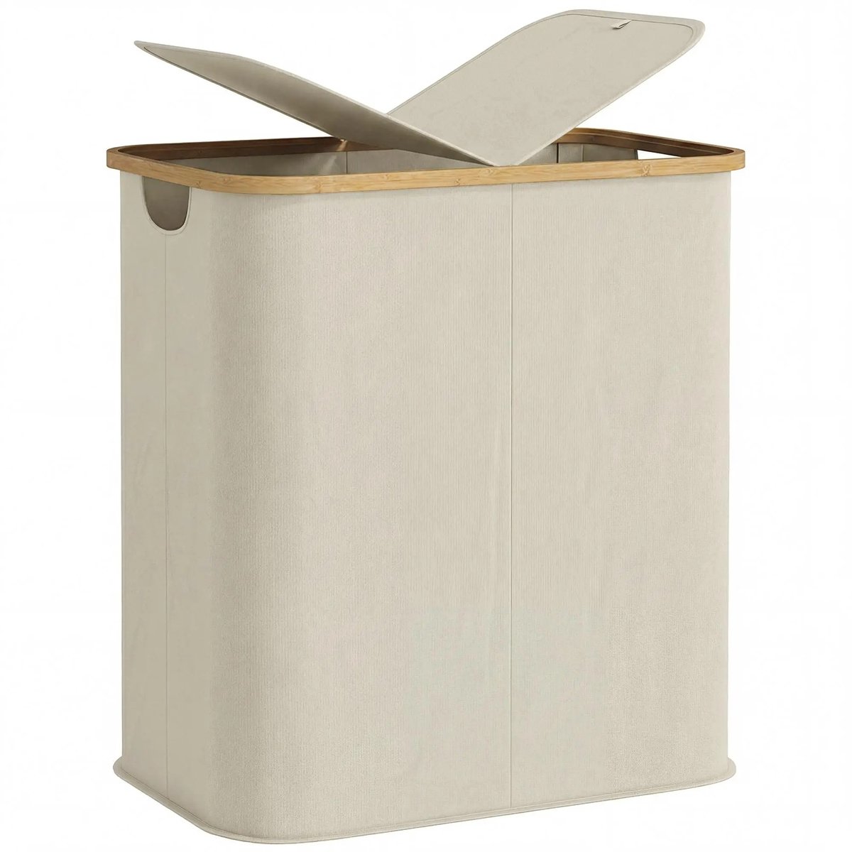 Emvae Wasmand - met Deksel - Dubbele Wasmand - 80 L - 2 Vakken - Opvouwbaar - Bamboe - Stof - Beige