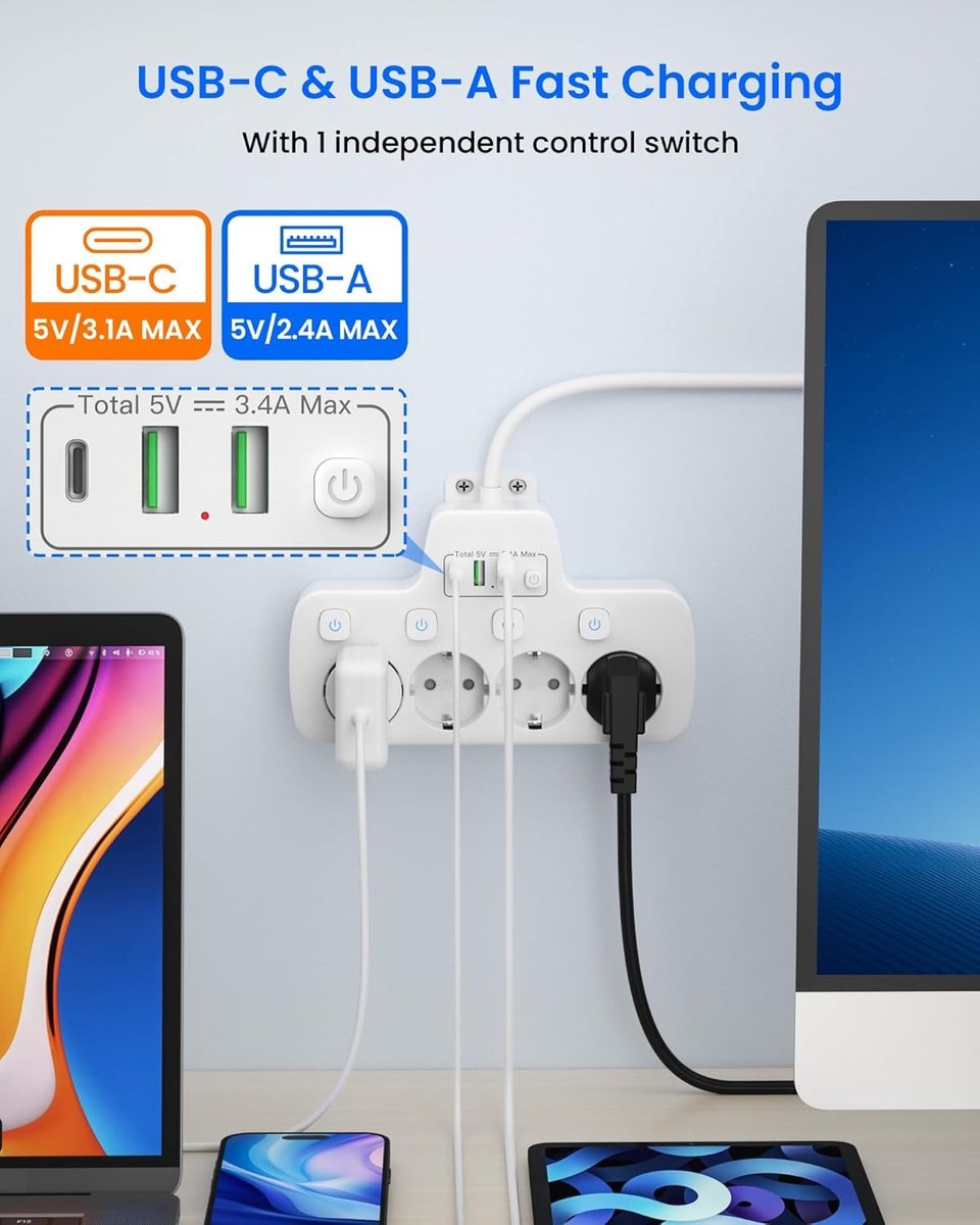 Stekkerdoos - Wit - 4-Voudig - Platte Stekker met USB-C en Schakelaar - Voor Thuis en Kantoor