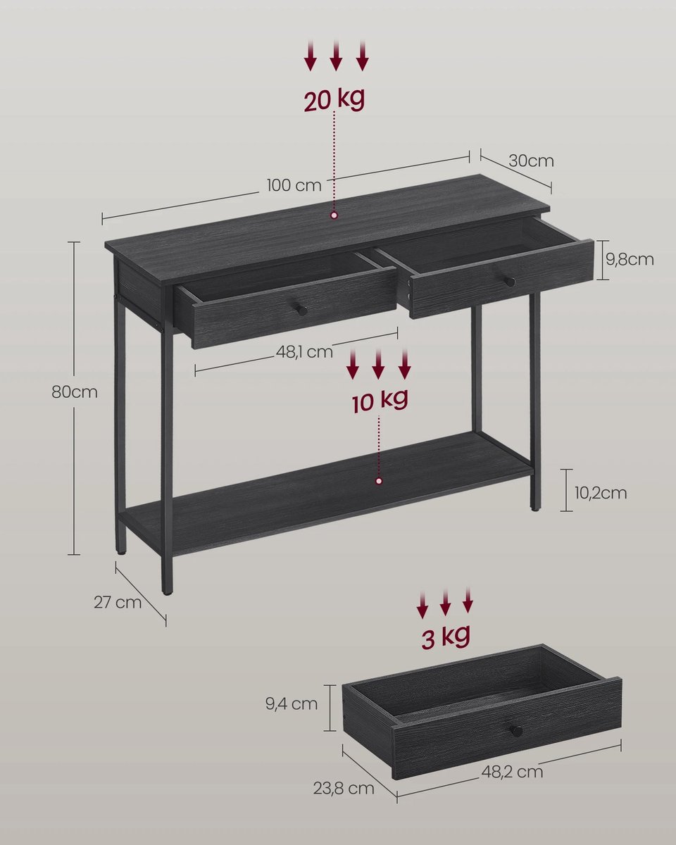 Prime Home bijzettafel - Consoletafel- Haltafel - Bijzettafels - 2 lades - Houtspaanplaat - Staal - 100 x 27 x 80cm - Zwart