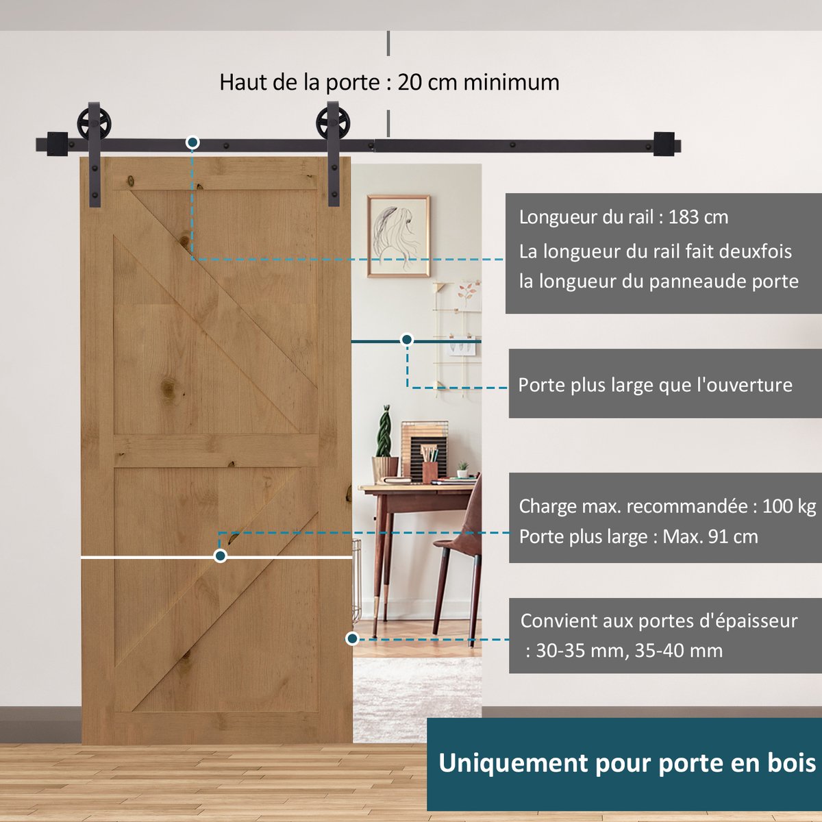Schuifdeurrailset hardware - schuur - schuifdeur - koolstofstaal - raillengte 183 cm - koffie