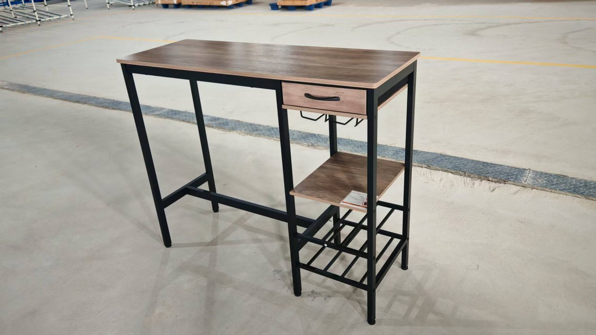 Hoge bartafel 100×40×90 cm, rechthoekig grijs eettafel, metaal‑hout, stoffen lade, houder voor wijnflessen & plank voor wijnglazen, voor keuken woonkamer eetkamer — cadeau in Cadeau-ideeën - foto 7