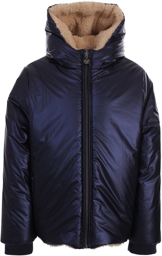 Glanzend donkerblauwe winterjas met opstaande kraag en teddy voering.