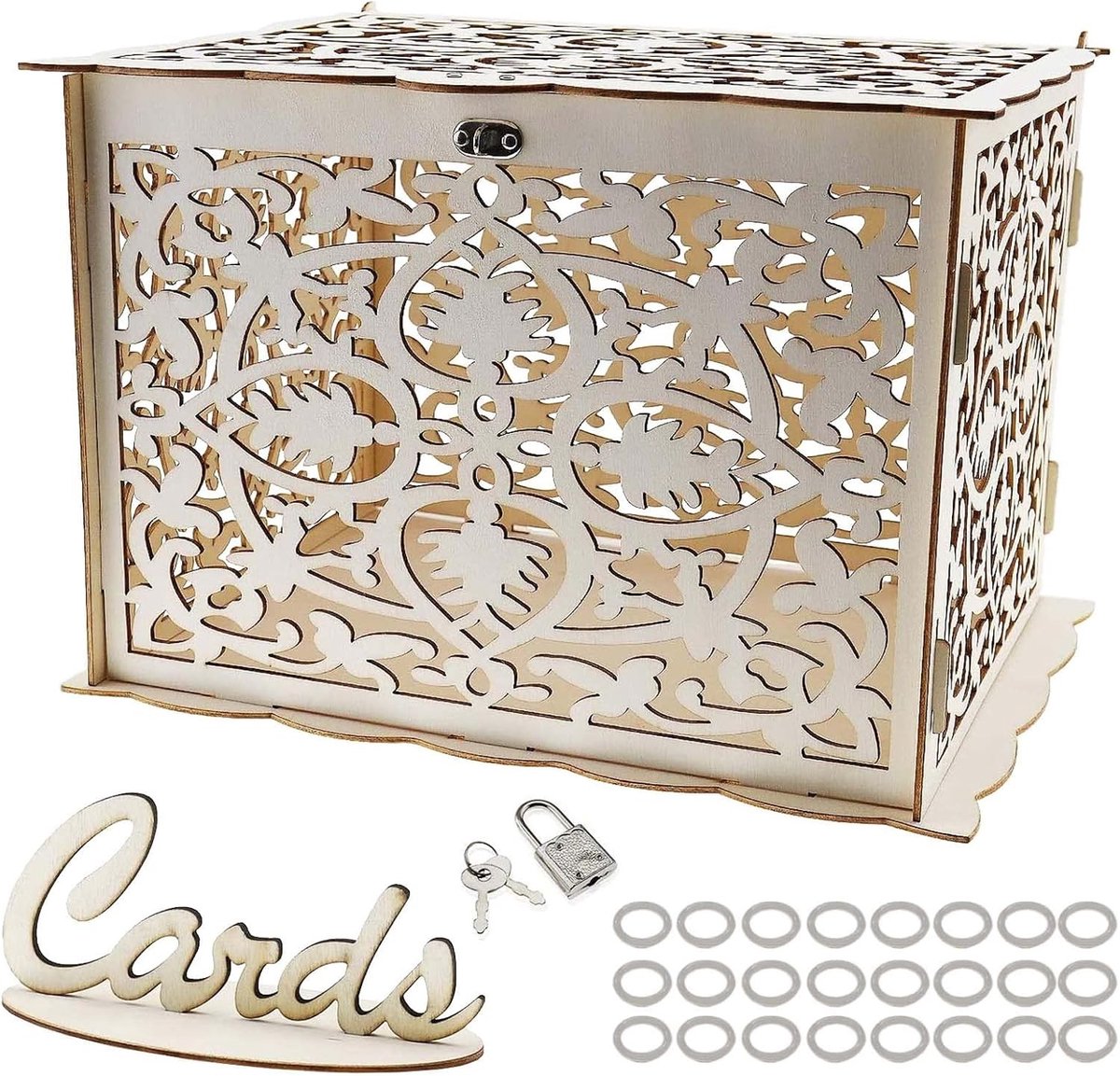 Houten Kaartendoos - Bruiloft Cadeau - Feestelijke Ontvangst - Met Slot en Sleutels - 32 x 26 x 22.5 cm