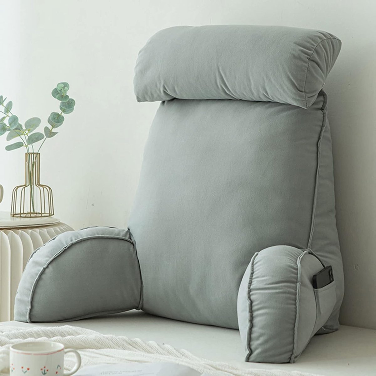 Leeskussen voor bed, lendensteunkussen, knuffelkussen, bedstoelkussen met armen, sofa taillekussen, met rond kussen, perfect om te zitten, lezen of gamen, 75 × 40 × 50 cm.